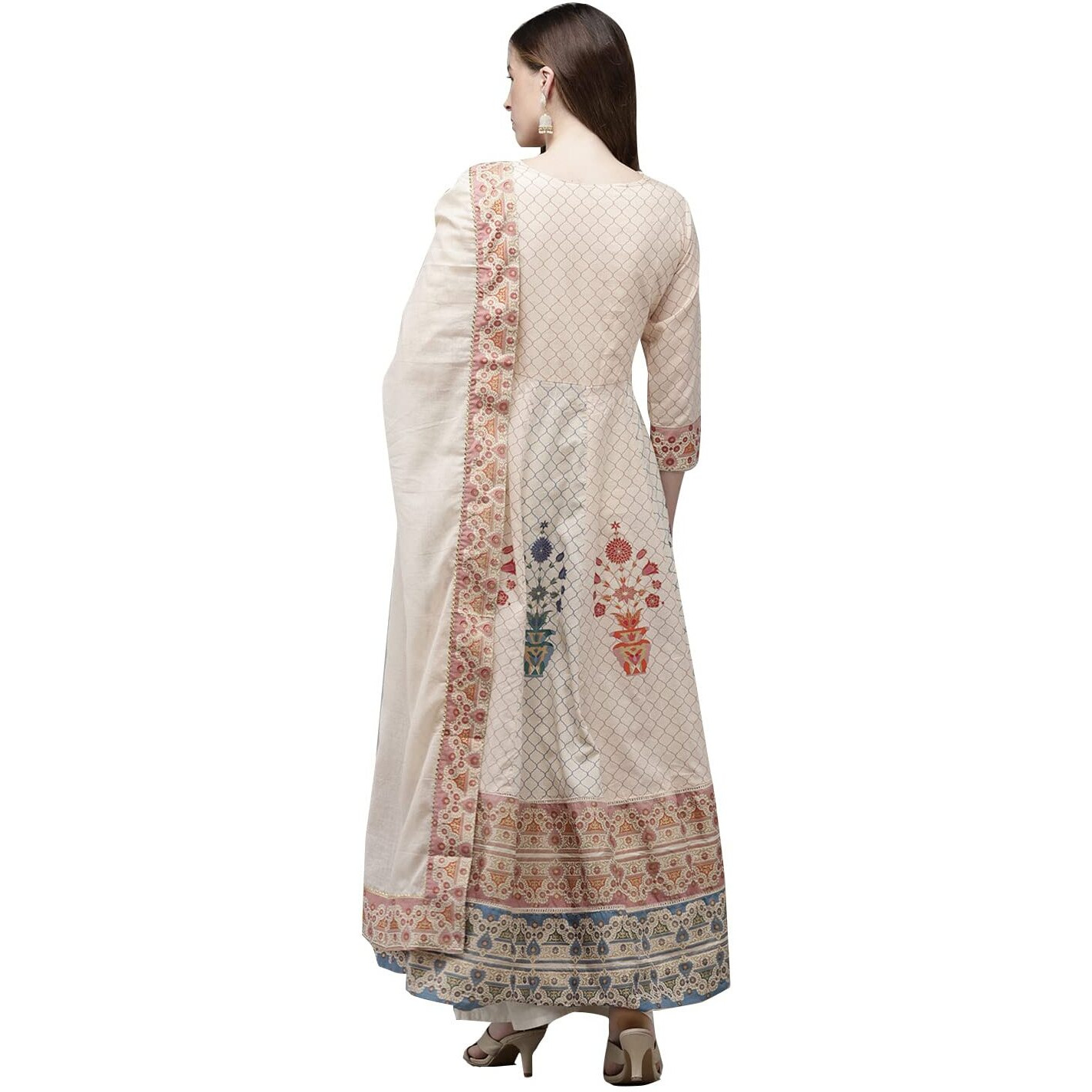 Ishin Women's Beige Foil Printed Anarkali Kurta With Dupatta