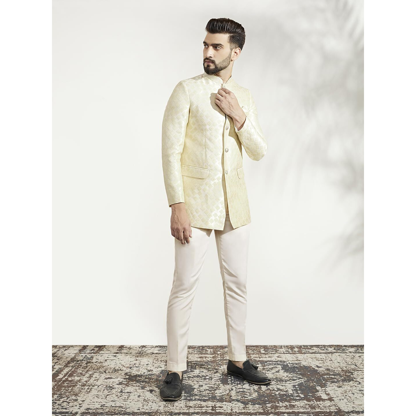 Kisah Mens Jodhpuri Bandhgala Trouser Set Silk Blend Jacquard, Ethnic Wear For Men, Cream, 44