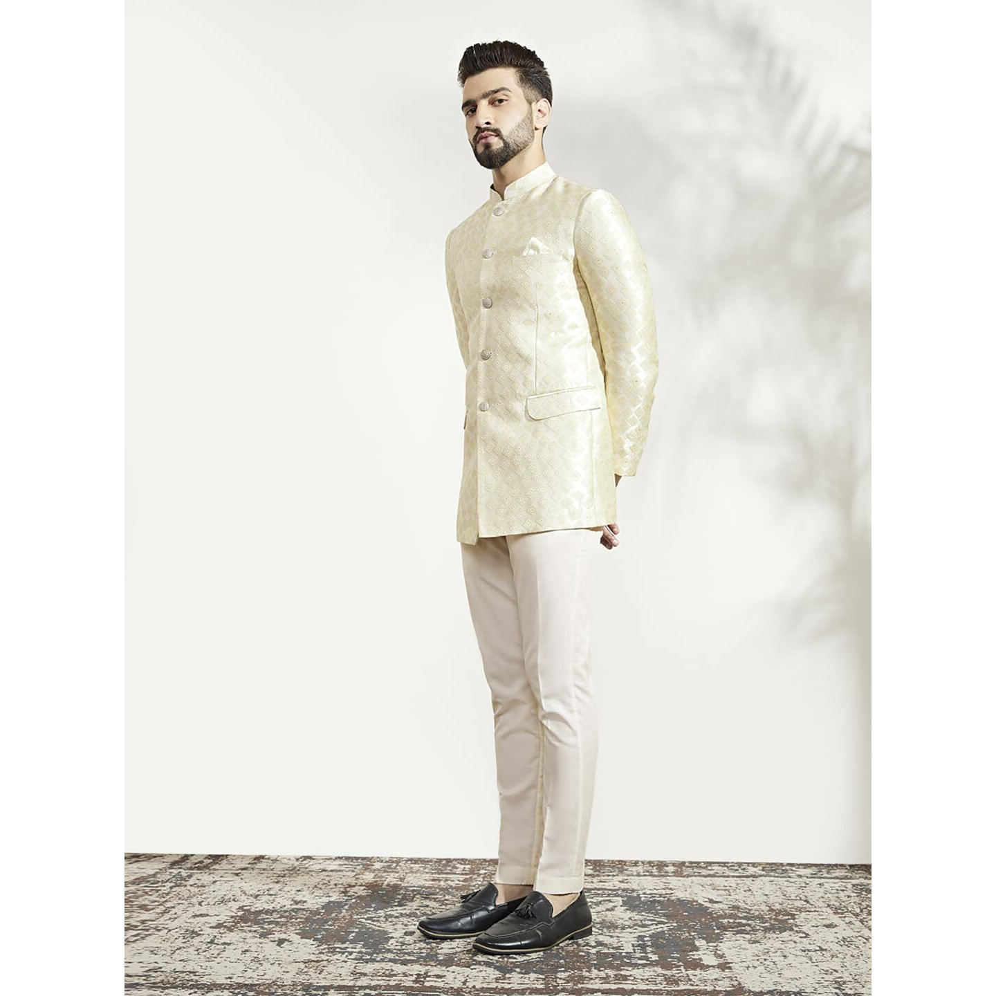 Kisah Mens Jodhpuri Bandhgala Trouser Set Silk Blend Jacquard, Ethnic Wear For Men, Cream, 44