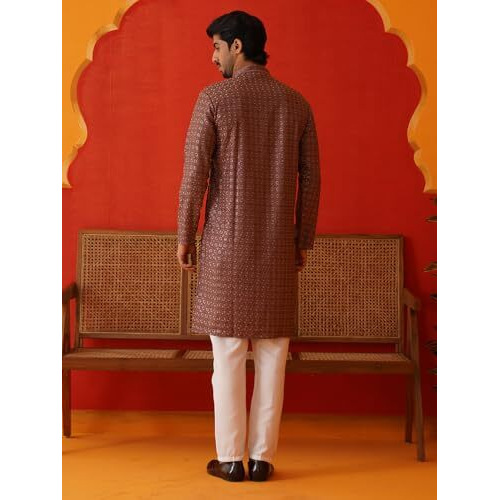 Jompers Rust Embroidered Chikankari And Sequence Kurta Set For Men (Rust, Xl)