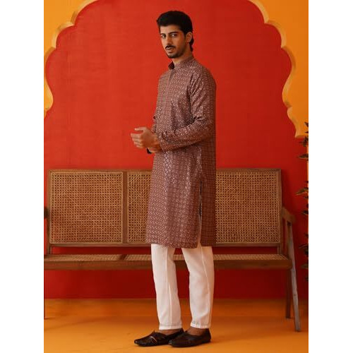 Jompers Rust Embroidered Chikankari And Sequence Kurta Set For Men (Rust, Xl)