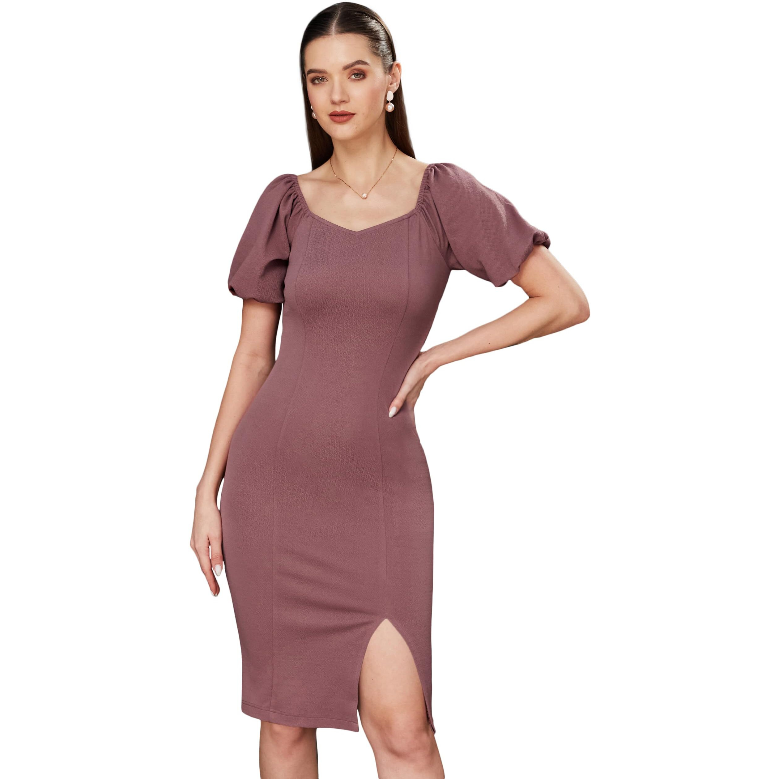 Miss Chase Women's Solid Bodycon V-Neck Half Sleeve Slim Fit Knee Long Dress (Mcss23D98-75-271-06, Mauve, Xl)