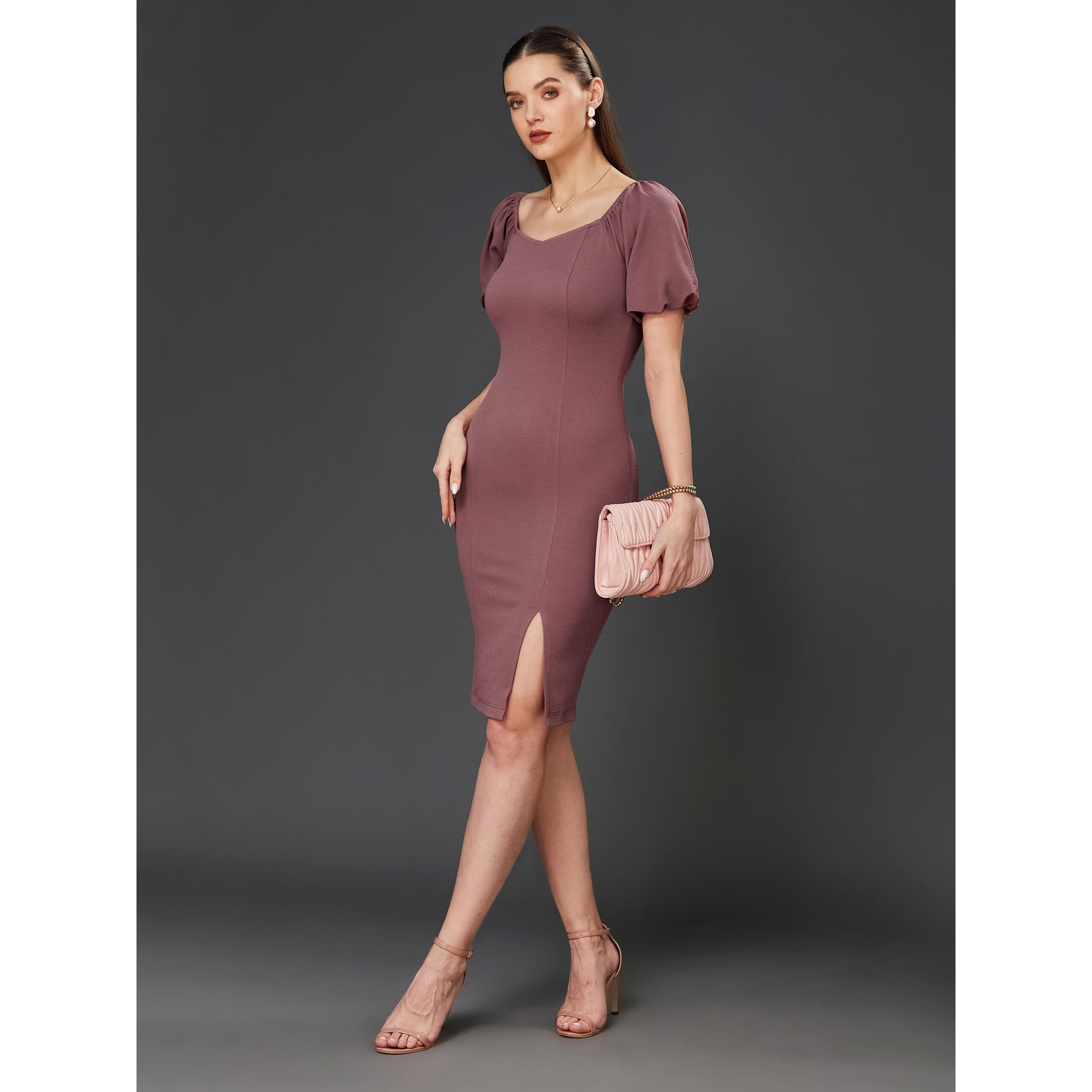 Miss Chase Women's Solid Bodycon V-Neck Half Sleeve Slim Fit Knee Long Dress (Mcss23D98-75-271-06, Mauve, Xl)