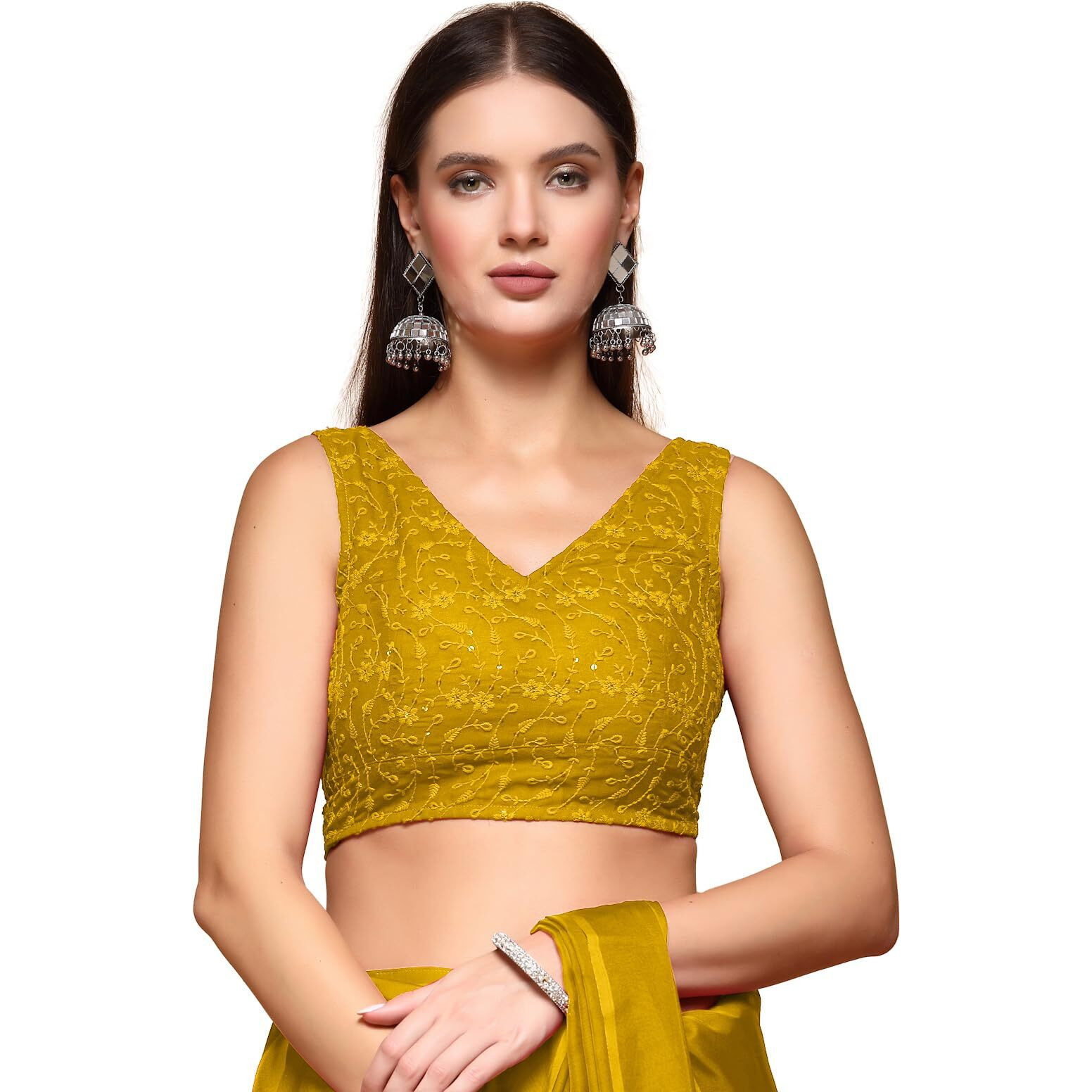Oomph Traditional Ethnic Style Readymade Brocade Sleeveless V-Neck Blouse For Pairing With Sarees, Lehengas, Or Plazzo For Fusion Wear, Slsxmas Mustard Yellow