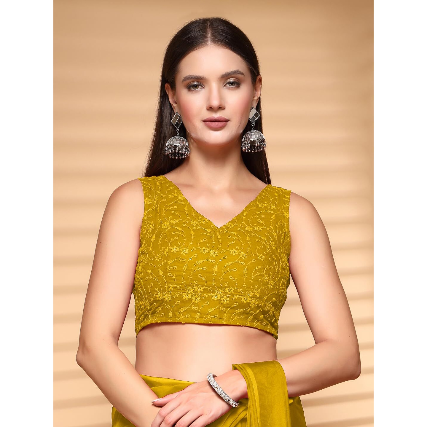 Oomph Traditional Ethnic Style Readymade Brocade Sleeveless V-Neck Blouse For Pairing With Sarees, Lehengas, Or Plazzo For Fusion Wear, Slsxmas Mustard Yellow
