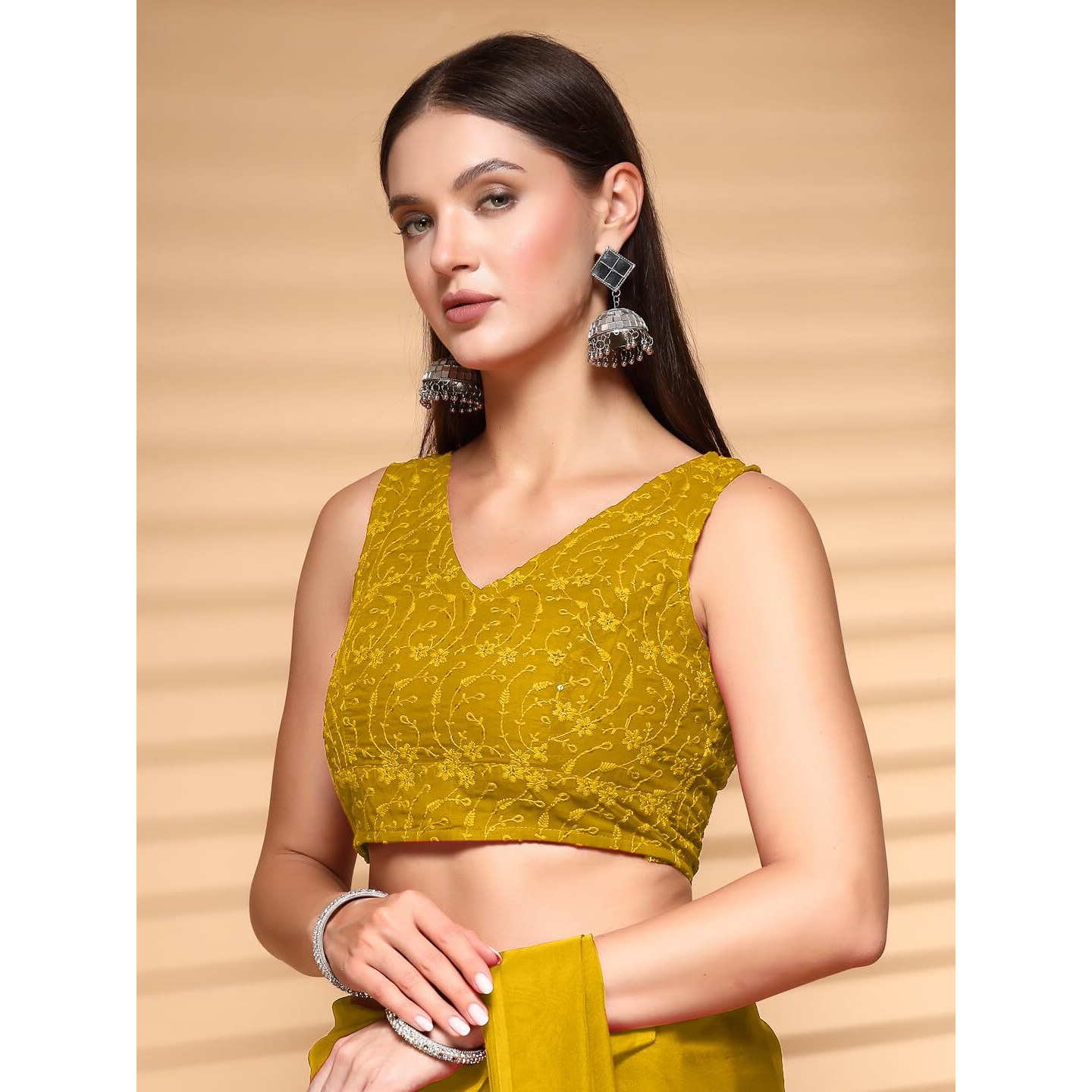 Oomph Traditional Ethnic Style Readymade Brocade Sleeveless V-Neck Blouse For Pairing With Sarees, Lehengas, Or Plazzo For Fusion Wear, Slsxmas Mustard Yellow