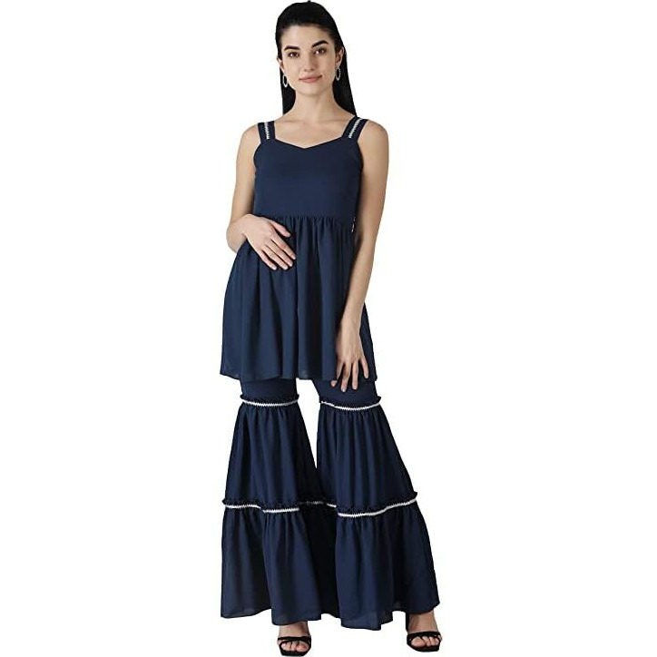 Popwings Casual Navy Blue Georget Garara Set For Women