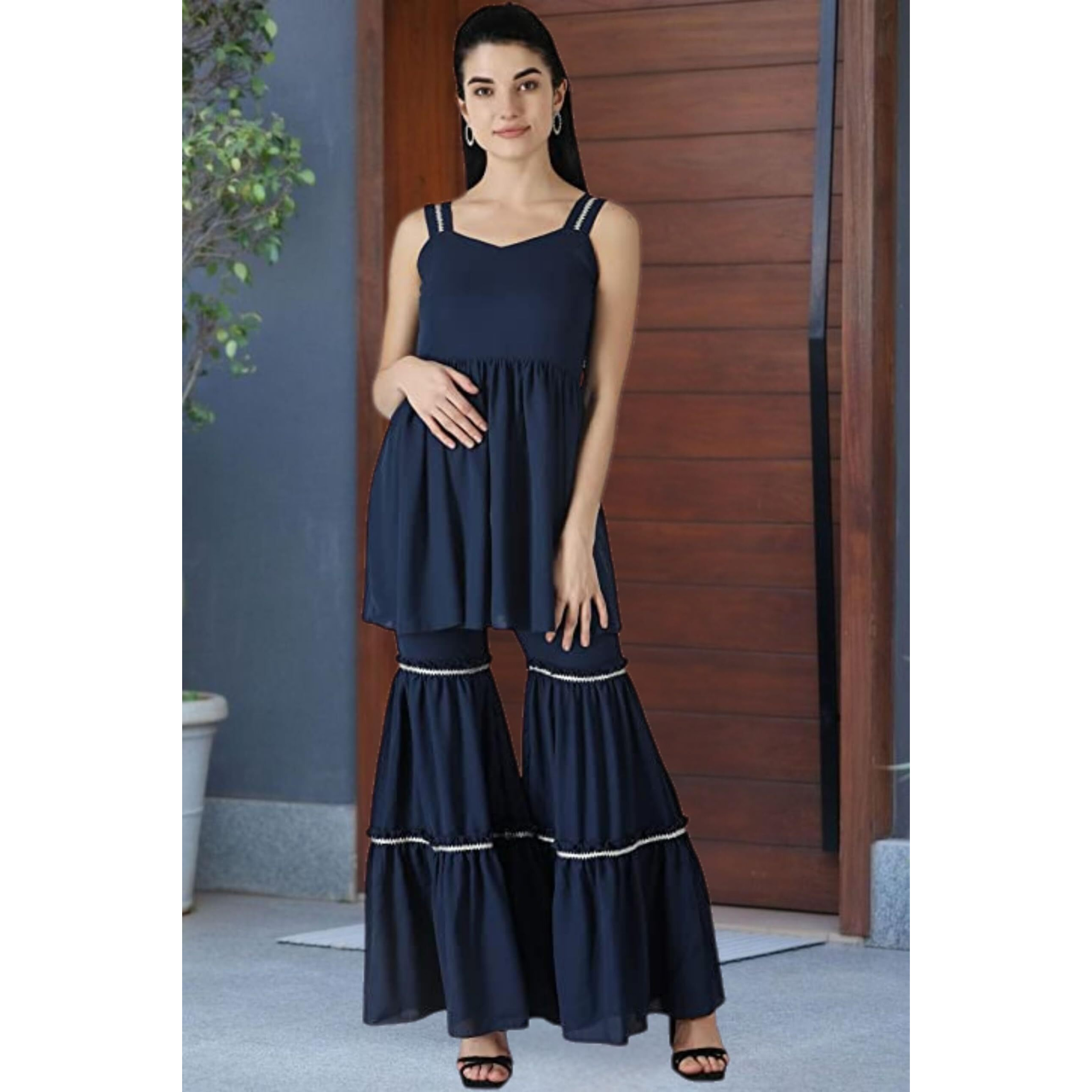 Popwings Casual Navy Blue Georget Garara Set For Women