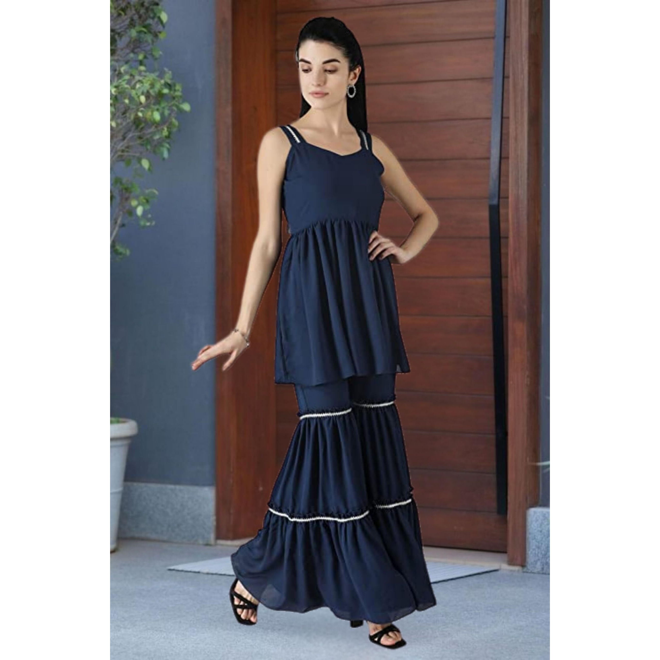 Popwings Casual Navy Blue Georget Garara Set For Women