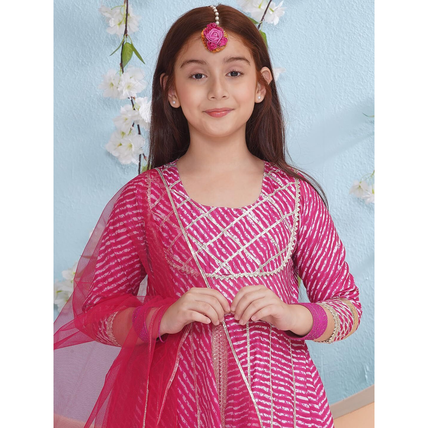 Preneum Girls's Cotton Rayon Bandhani & Lahariya Printed Angrakha Kurta With Sharara & Dupatta, Pink, 11-12 Years