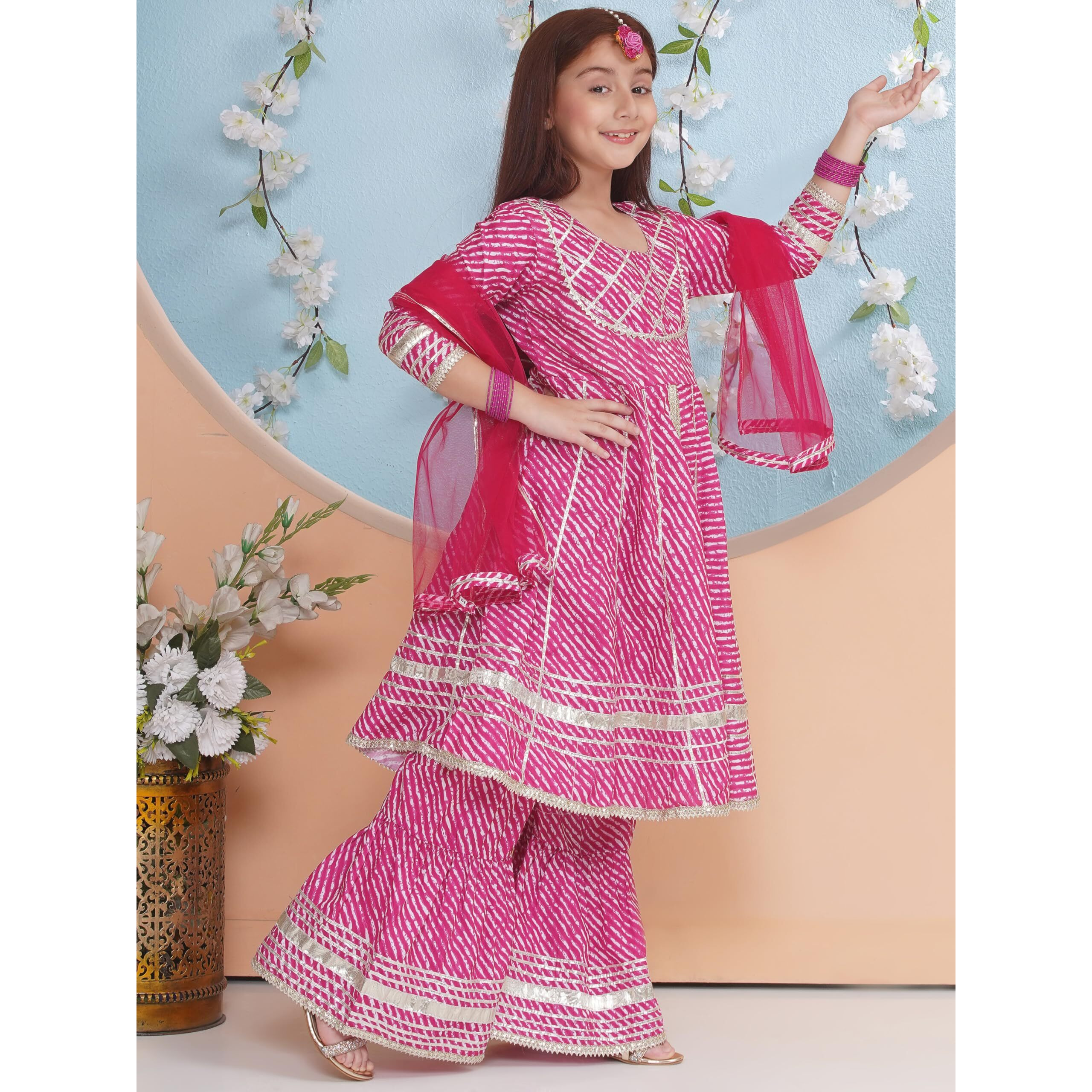 Preneum Girls's Cotton Rayon Bandhani & Lahariya Printed Angrakha Kurta With Sharara & Dupatta, Pink, 11-12 Years