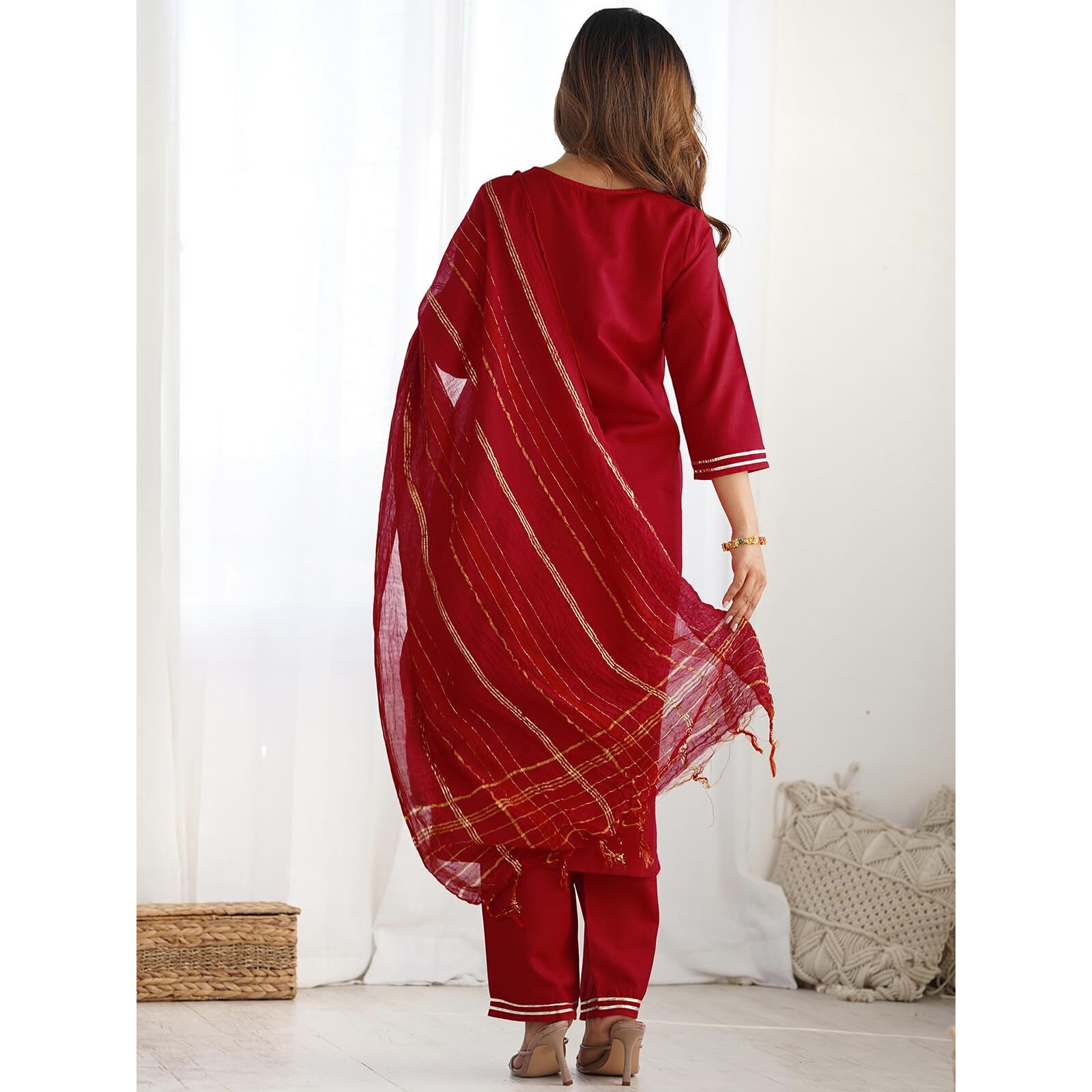 Sanisa Women's Cotton Blend Sequins Embroidery Straight Kurta With Pant And Dupatta Set (228Kbd2411N-L_Red)
