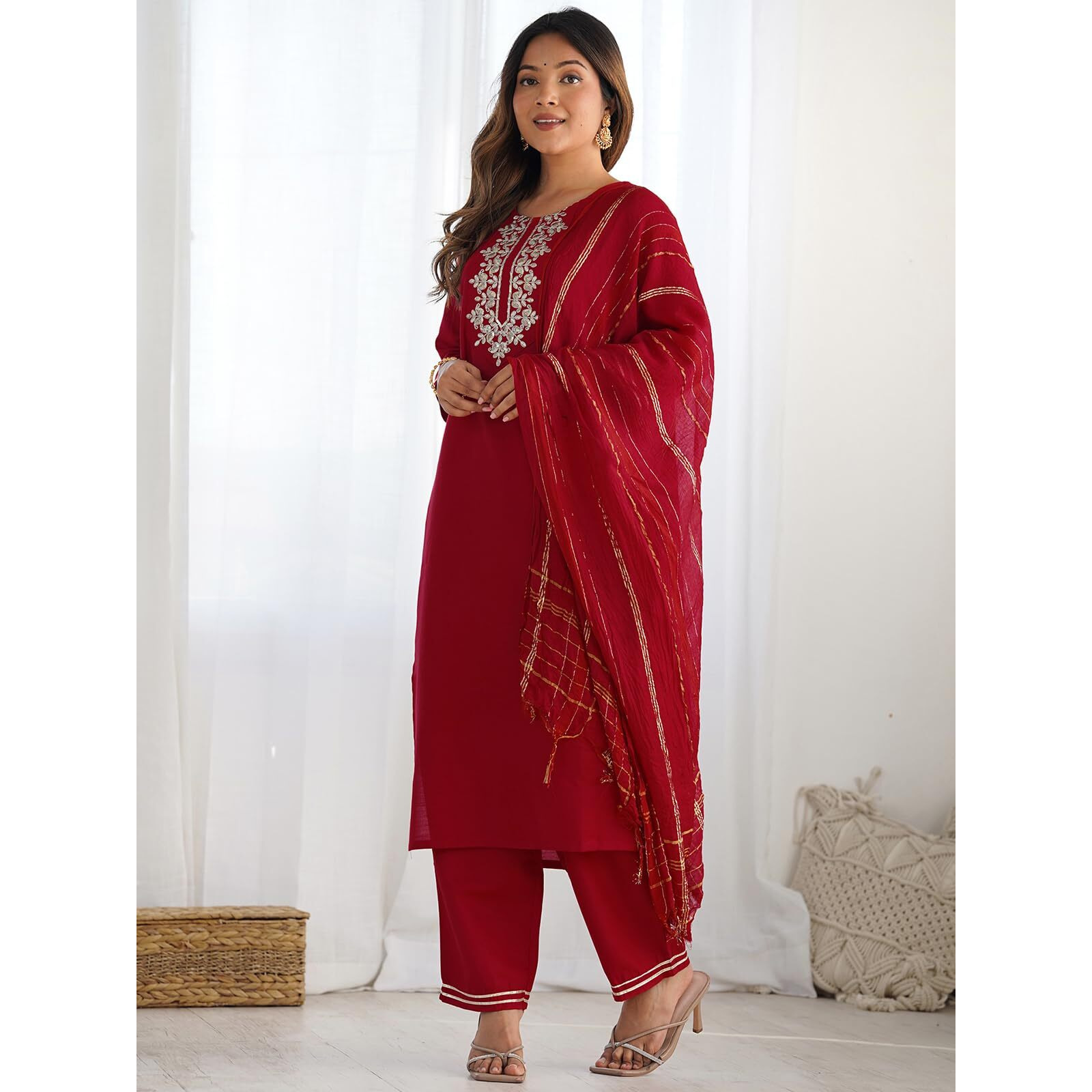 Sanisa Women's Cotton Blend Sequins Embroidery Straight Kurta With Pant And Dupatta Set (228Kbd2411N-L_Red)