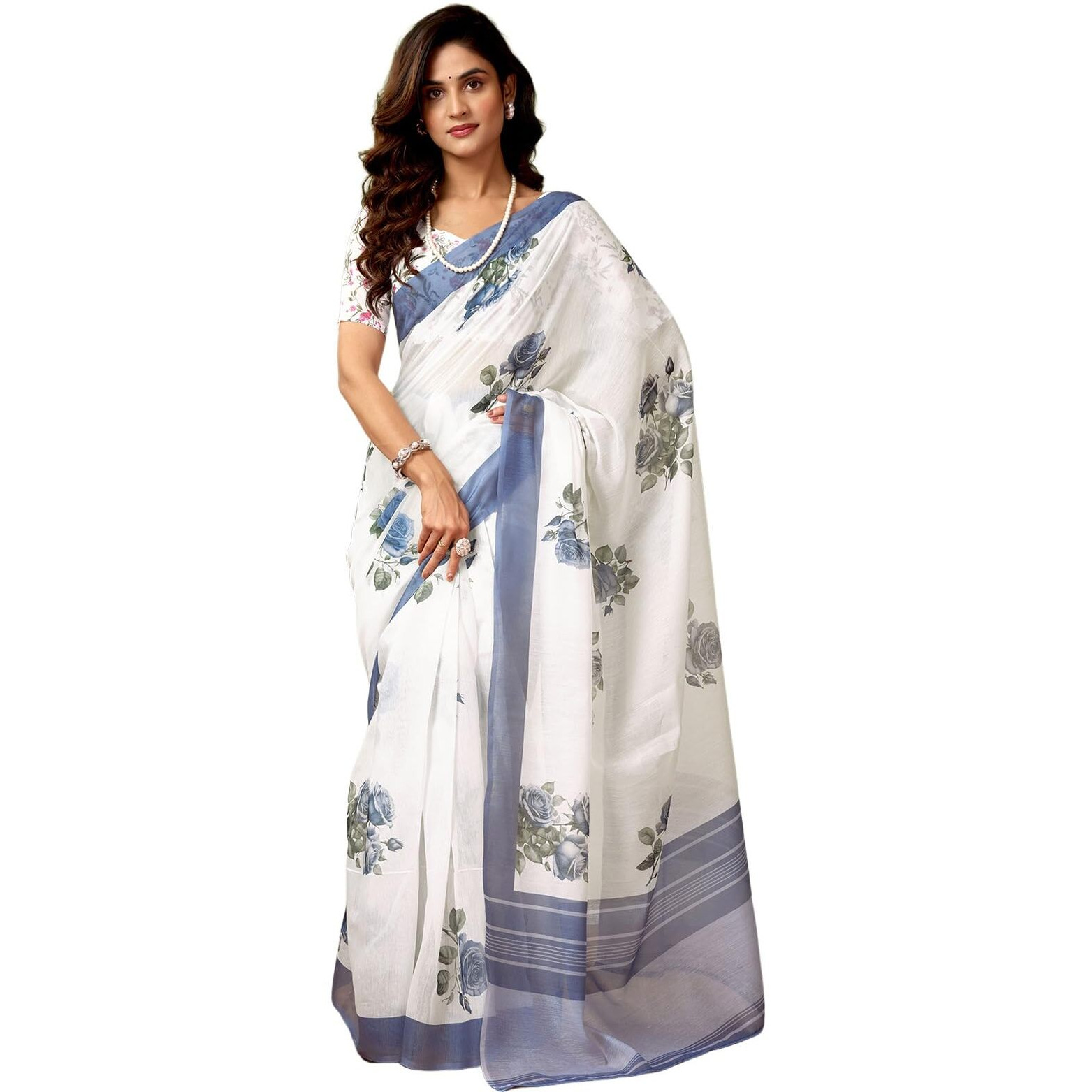 Satrani Women's Chanderi Cotton Printed Ready To Wear One Minute Pre Pleated Readymade Saree With Unstitched Blouse Piece (32Rs298N_White1)