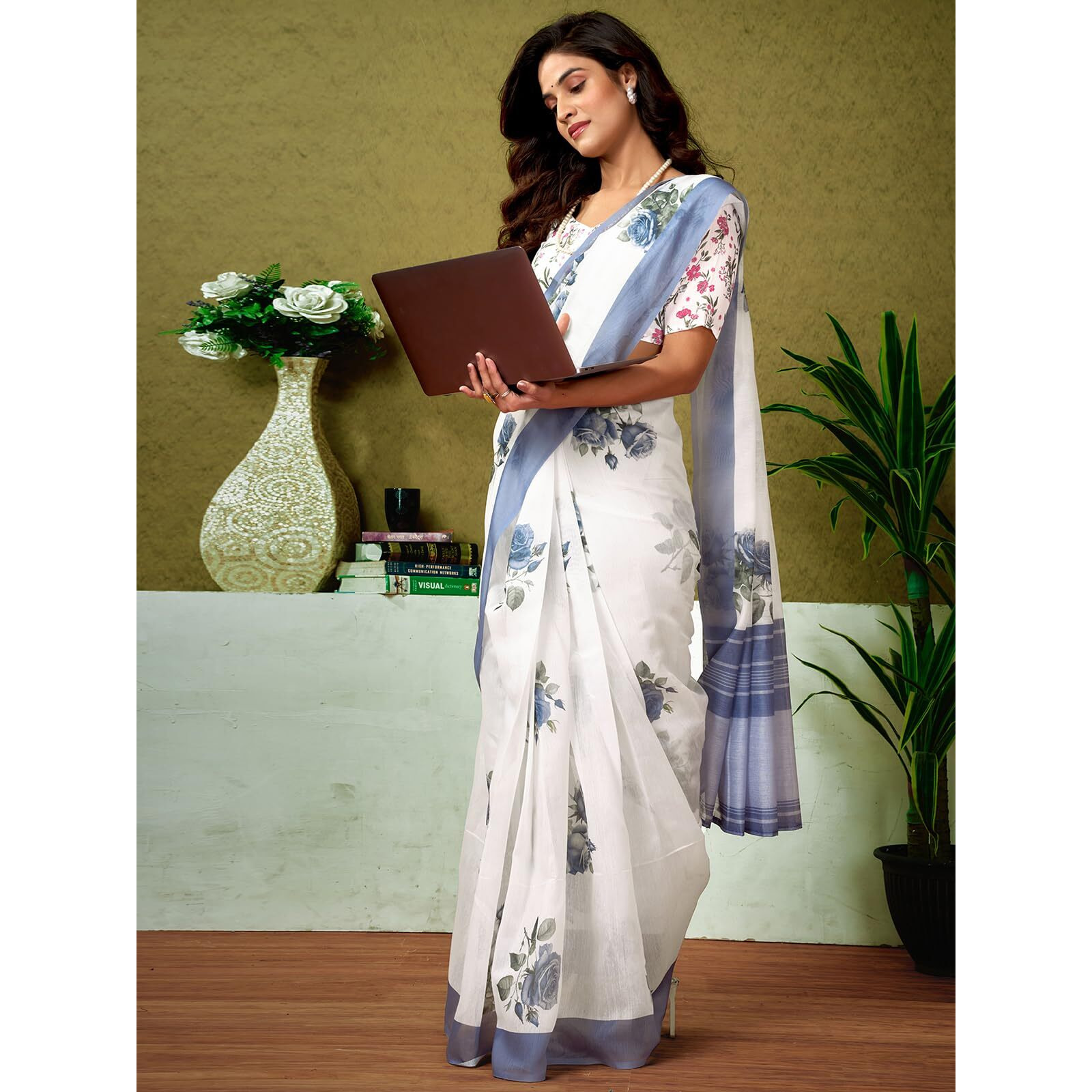 Satrani Women's Chanderi Cotton Printed Ready To Wear One Minute Pre Pleated Readymade Saree With Unstitched Blouse Piece (32Rs298N_White1)