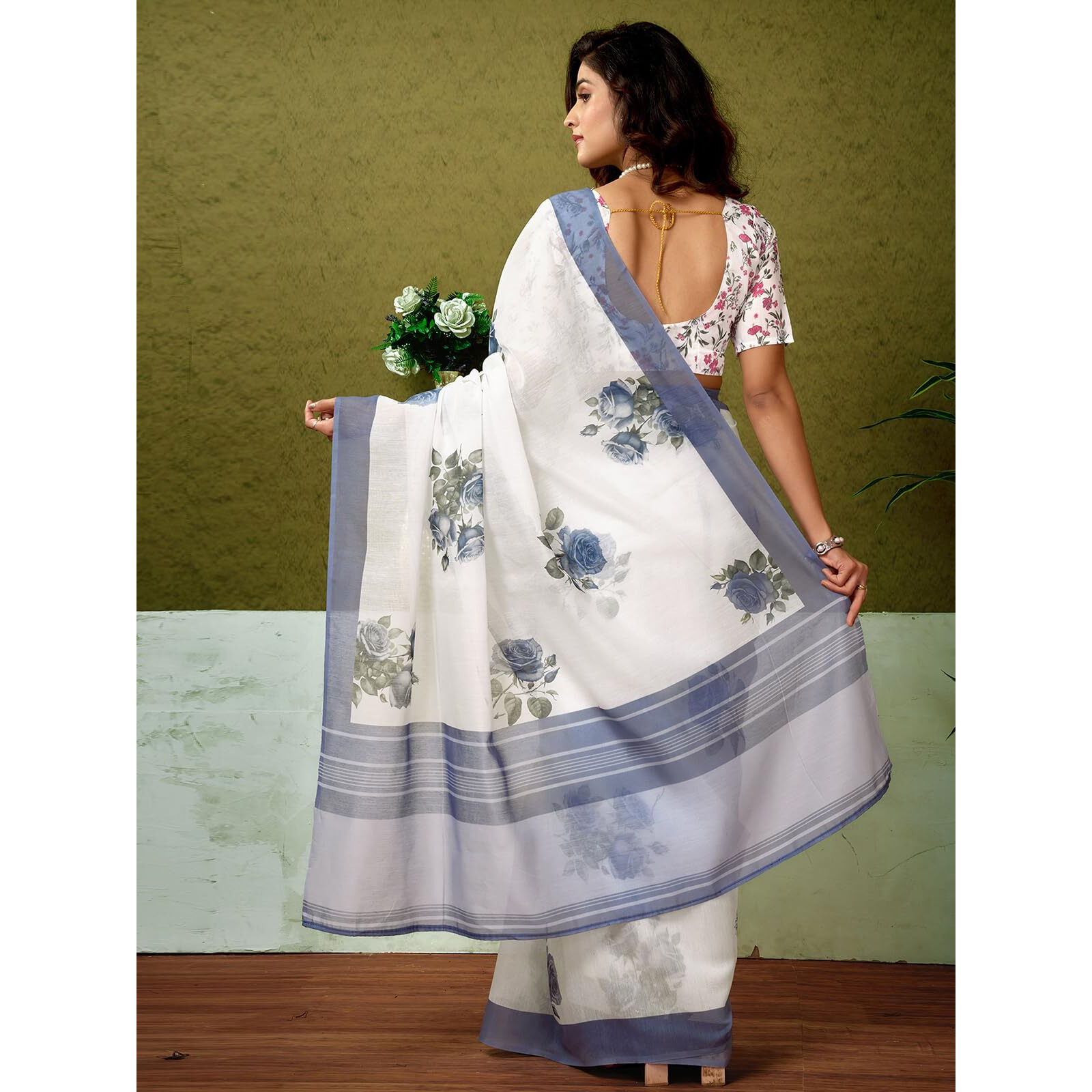 Satrani Women's Chanderi Cotton Printed Ready To Wear One Minute Pre Pleated Readymade Saree With Unstitched Blouse Piece (32Rs298N_White1)