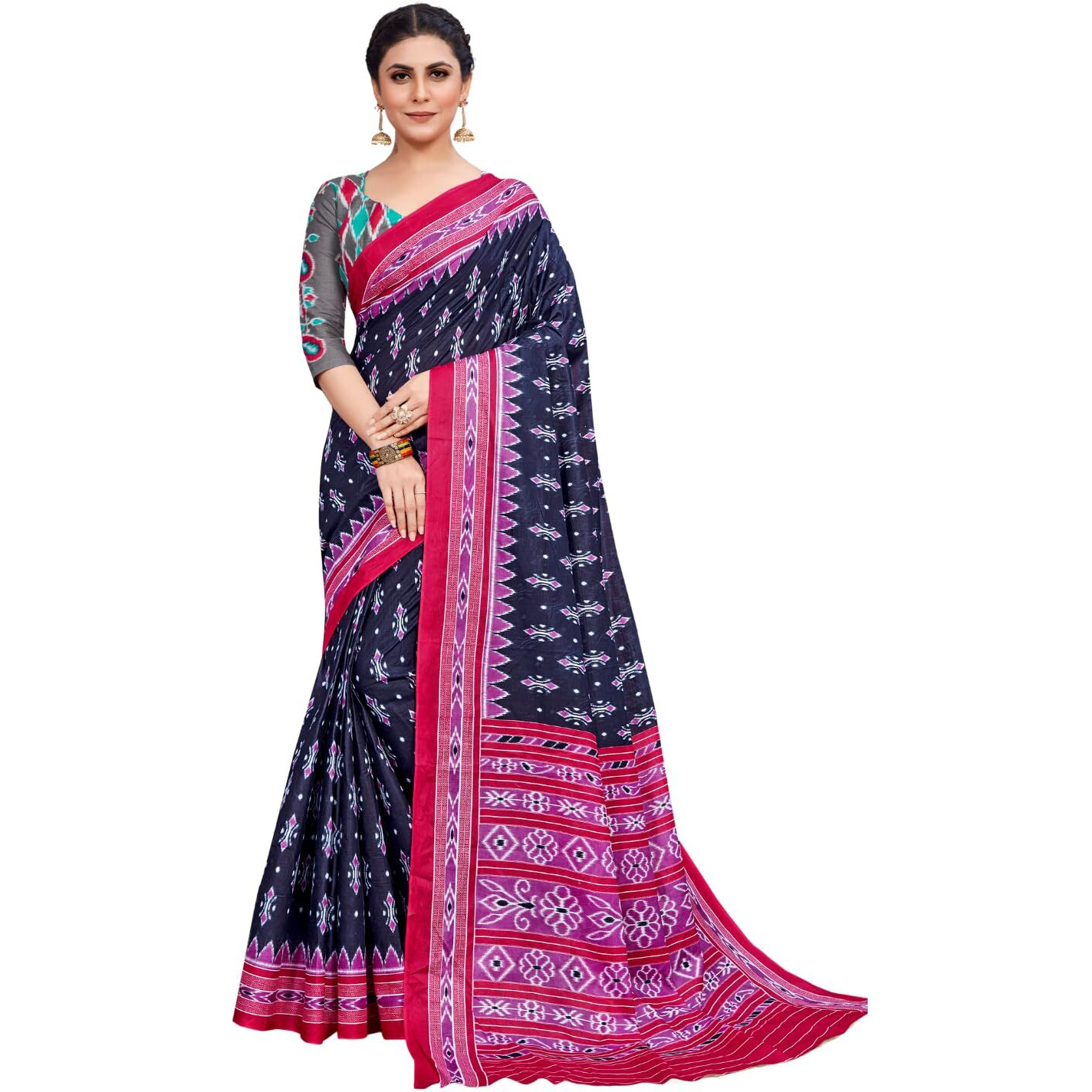 Shiv Textiles Womens Navy Blue Cotton Printed Saree For Women (Smc-St-186-Navy Blue)