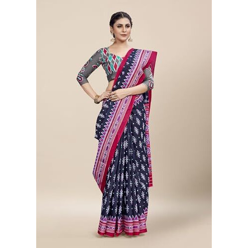 Shiv Textiles Womens Navy Blue Cotton Printed Saree For Women (Smc-St-186-Navy Blue)