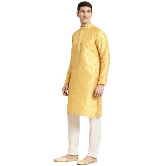 Sojanya (Since 1958 Men's Jacquard Silk Yellow & Self Design Kurta & Off White Churidar Pyjama Set