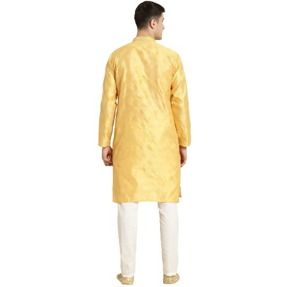 Sojanya (Since 1958 Men's Jacquard Silk Yellow & Self Design Kurta & Off White Churidar Pyjama Set