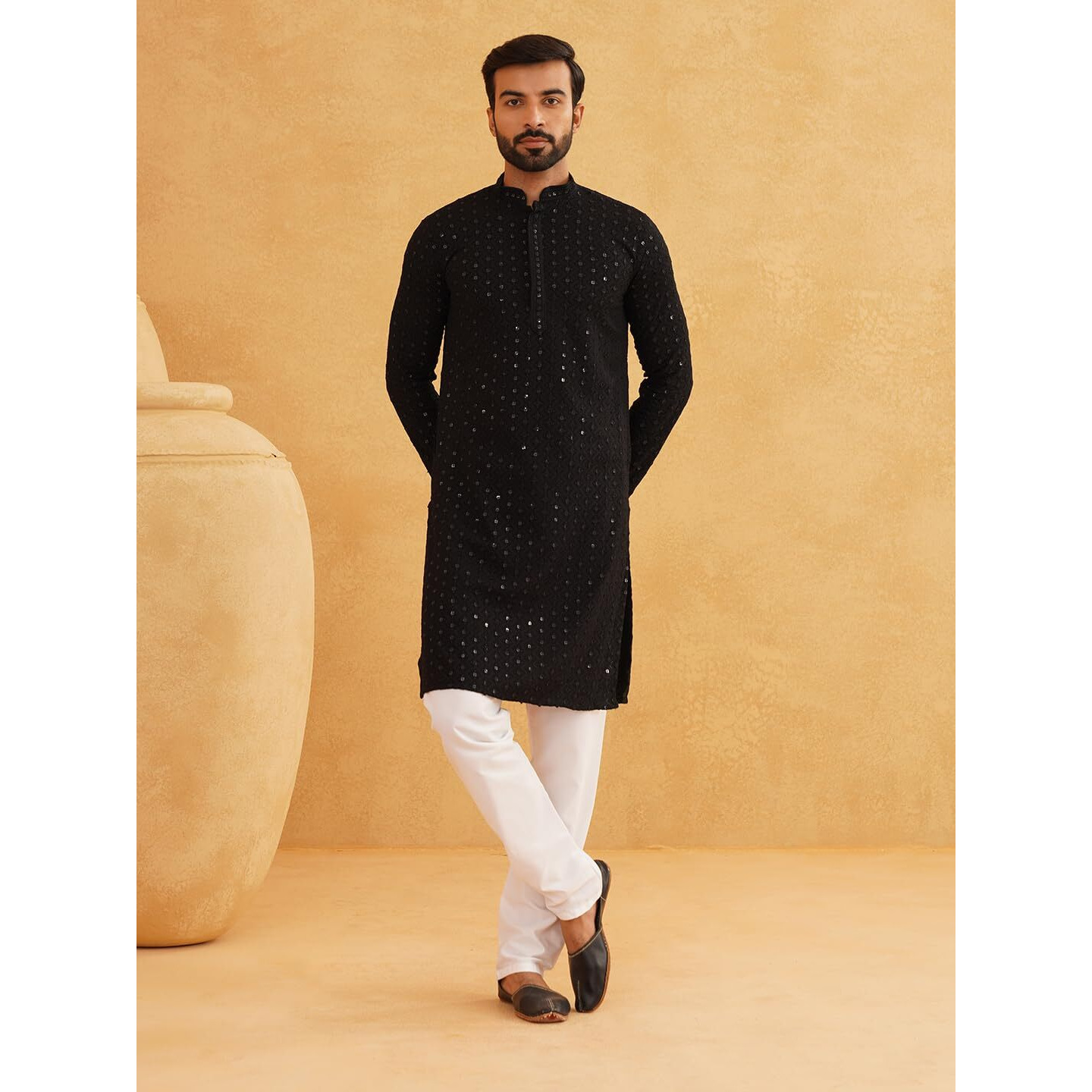 Sojanya (Since 1958 Men's Sequinned Embroidered Black Cotton Kurta And White Pyjama Set