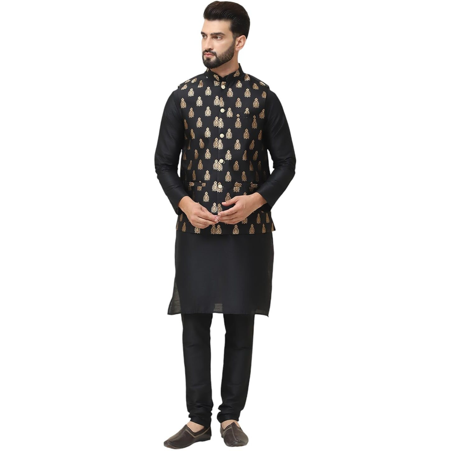 Sojanya (Since 1958 Men's Silk Blend Black Kurta Pyjama With Nehrujacket Set