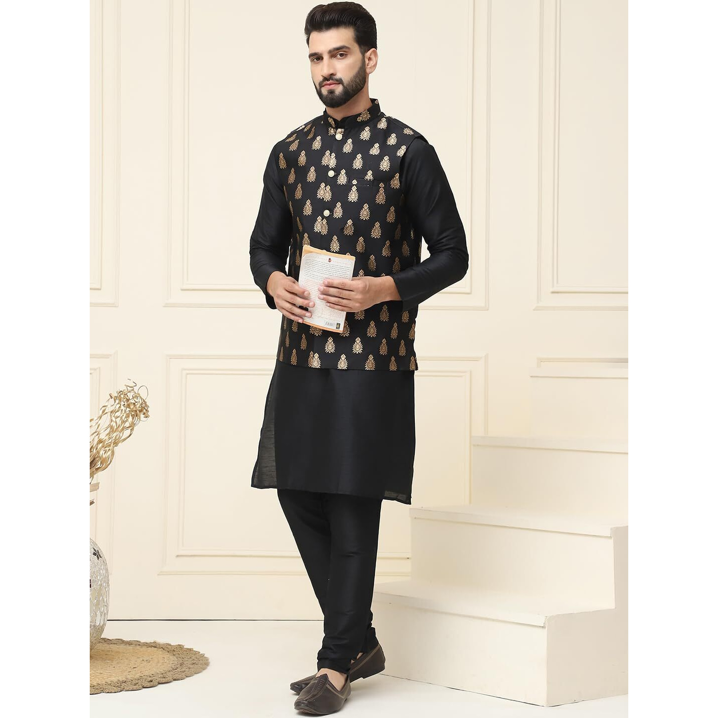 Sojanya (Since 1958 Men's Silk Blend Black Kurta Pyjama With Nehrujacket Set