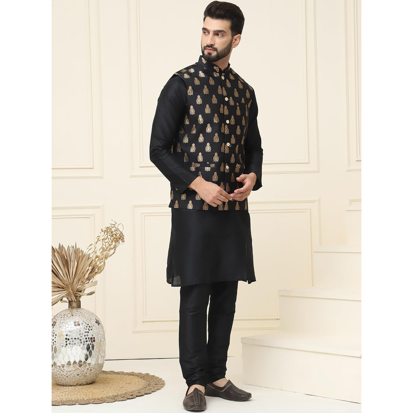 Sojanya (Since 1958 Men's Silk Blend Black Kurta Pyjama With Nehrujacket Set