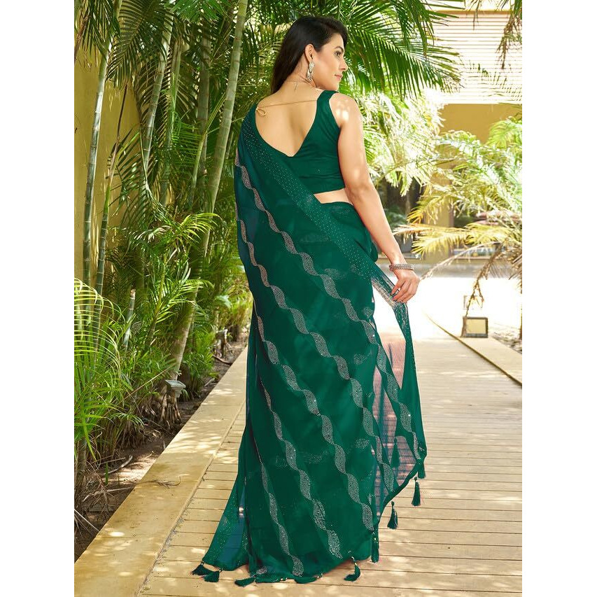 Satrani Women's Chiffon Dyed & Satin Patta & Hot Fixing Saree With Unstitched Blouse Piece (3349S353N_Green)