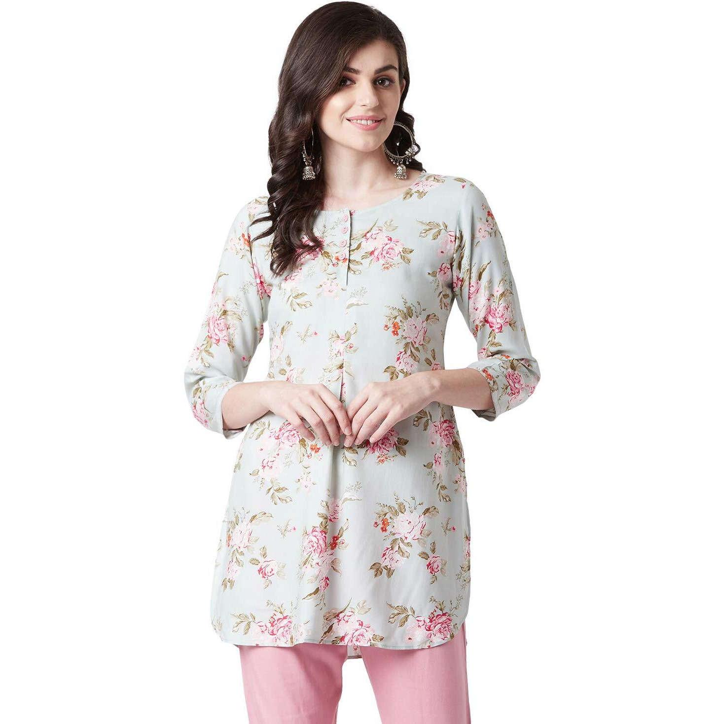 Tissu Women's Sage Green & Pink Floral Printed Kurti 2027_Green_Xs