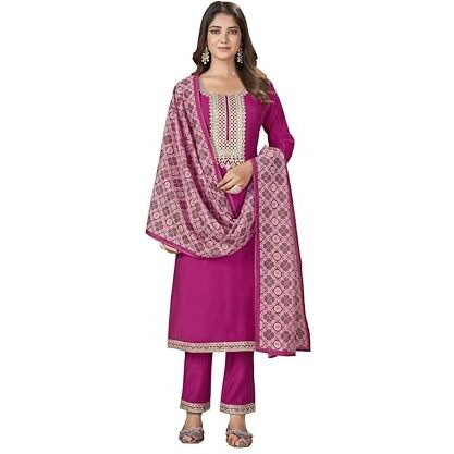 Stylum Women's Rose Solid & Embroidered Silk Straight Kurta Pant Dupatta Set