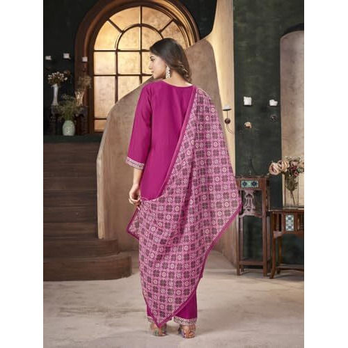 Stylum Women's Rose Solid & Embroidered Silk Straight Kurta Pant Dupatta Set