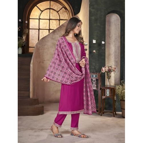 Stylum Women's Rose Solid & Embroidered Silk Straight Kurta Pant Dupatta Set