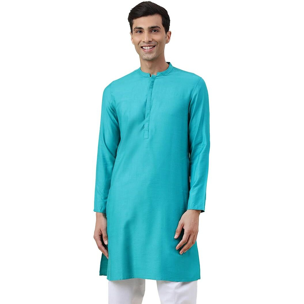 Fabindia Men's Silk Blend Solid Regular Ethnic Clothing Sets (20026274_Teal_Xs)