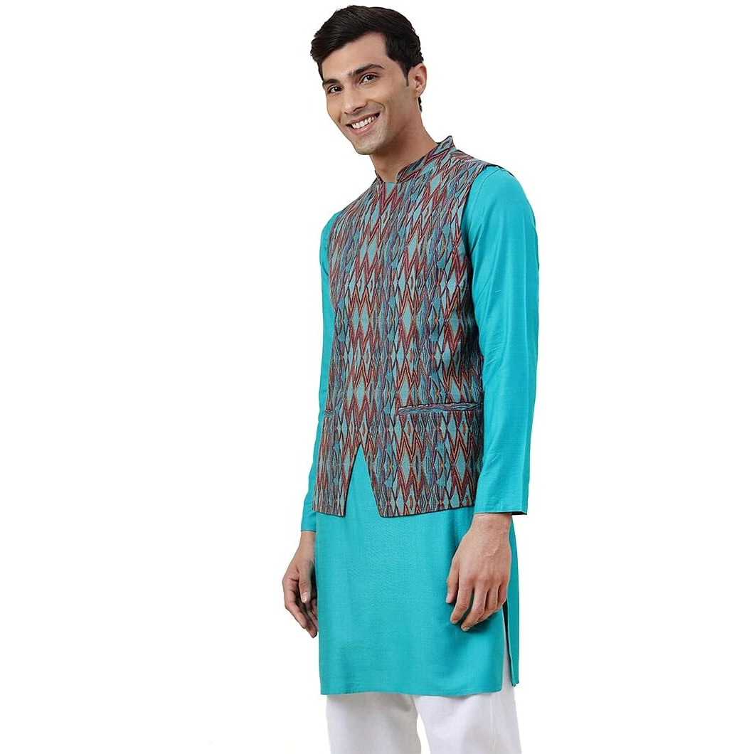 Fabindia Men's Silk Blend Solid Regular Ethnic Clothing Sets (20026274_Teal_Xs)