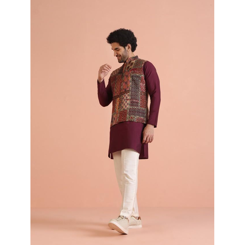 Kisah Men's Kurta Jacket Trouser Set, Multi Silk Blend, Printed Regular Fit Mandarin Collar Long Sleeves, 38