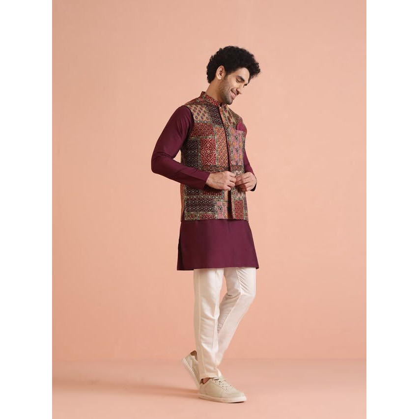 Kisah Men's Kurta Jacket Trouser Set, Multi Silk Blend, Printed Regular Fit Mandarin Collar Long Sleeves, 38