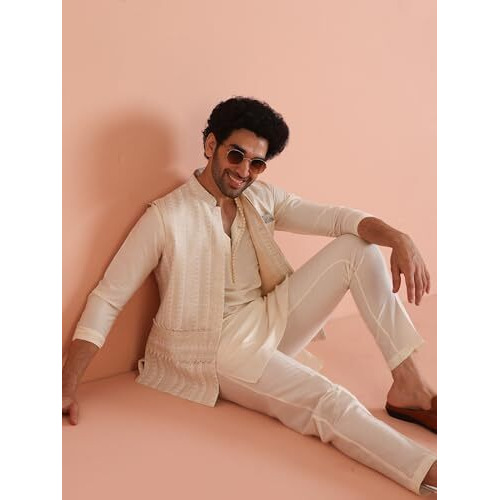 Kisah Men's Kurta Jacket Trouser Set, Beige Cotton Blend, Printed Regular Fit Mandarin Collar Long Sleeves, 44