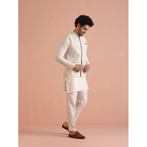 Kisah Men's Kurta Jacket Trouser Set, Beige Cotton Blend, Printed Regular Fit Mandarin Collar Long Sleeves, 44