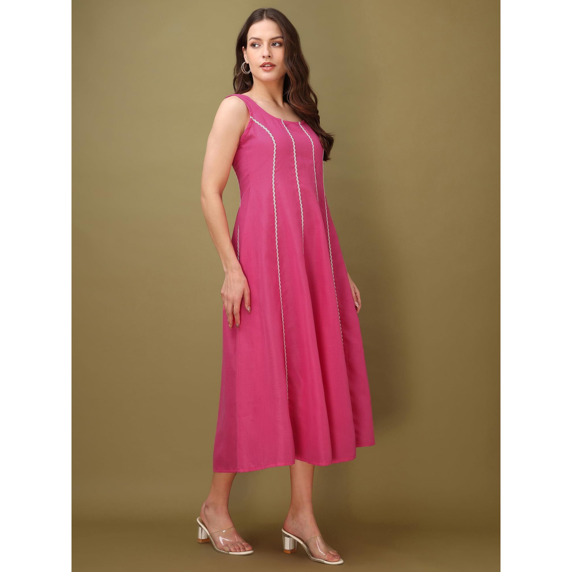 Purvaja Womens Round Neck Flared Cotton Blend Dress (Floe-043-L_Pink)