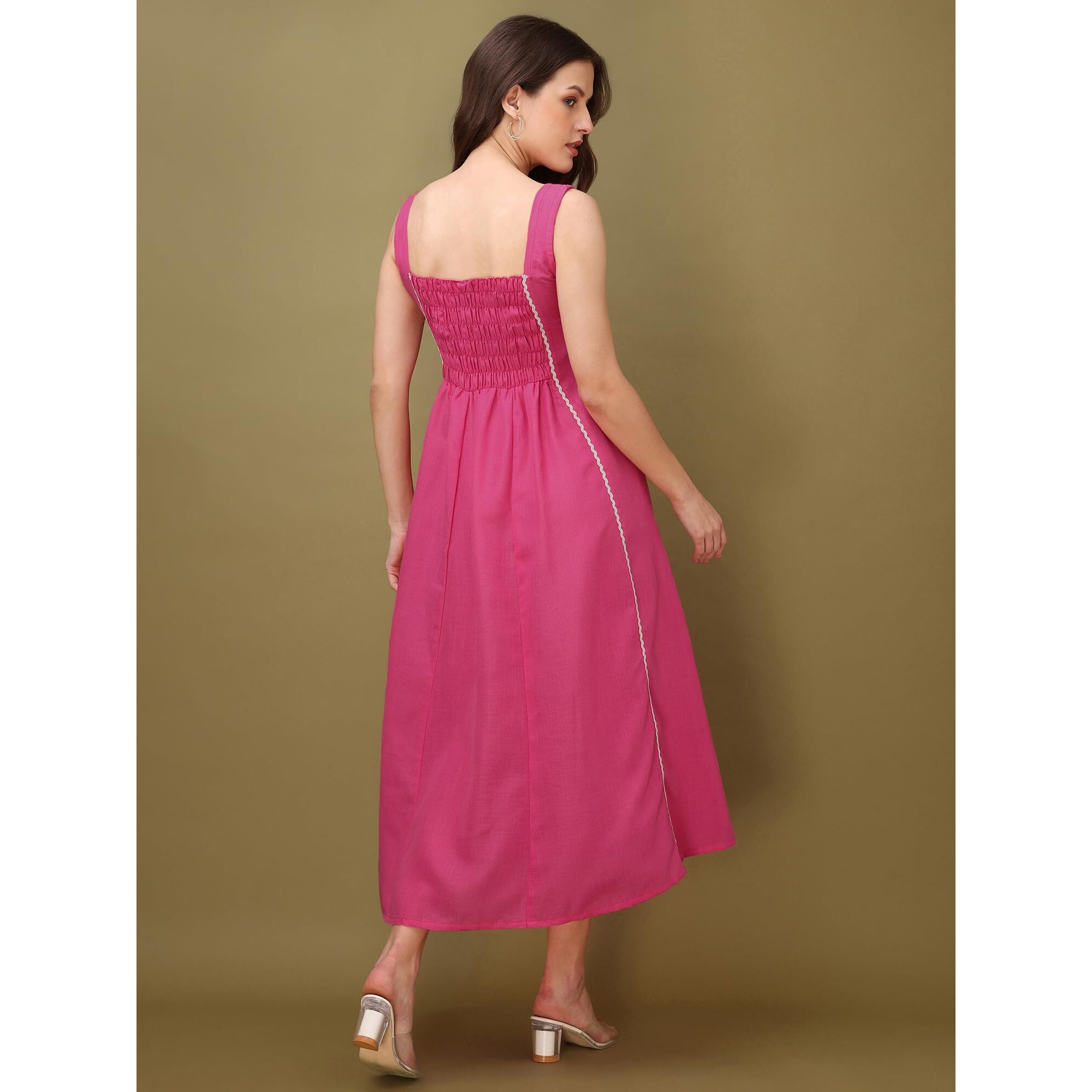 Purvaja Womens Round Neck Flared Cotton Blend Dress (Floe-043-L_Pink)
