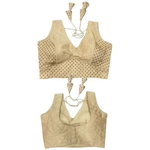 Pujia Mills Women's Readymade Heavy Mono Banglori Sleeveless Sabyasachi Pattern Embroidery With Sequence Work Gold Color Saree Blouse For Lehenga Choli