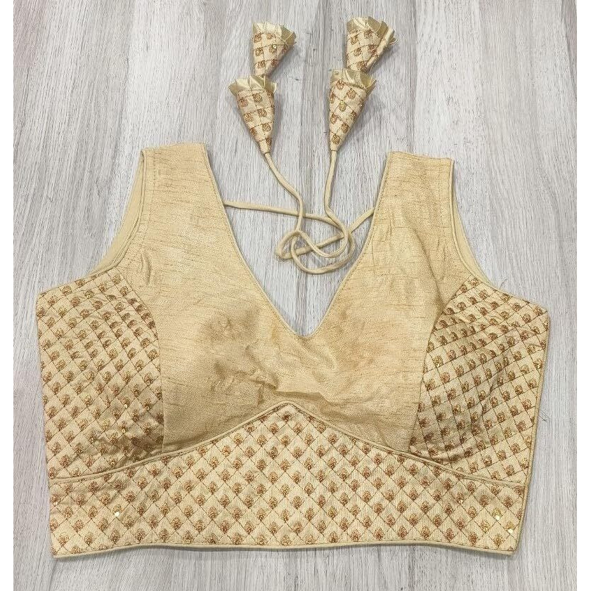 Pujia Mills Women's Readymade Heavy Mono Banglori Sleeveless Sabyasachi Pattern Embroidery With Sequence Work Gold Color Saree Blouse For Lehenga Choli