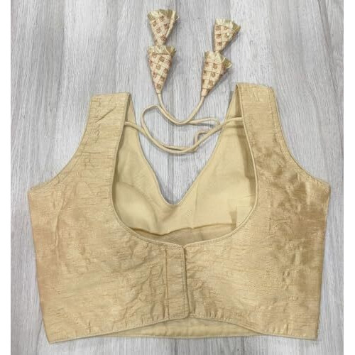 Pujia Mills Women's Readymade Heavy Mono Banglori Sleeveless Sabyasachi Pattern Embroidery With Sequence Work Gold Color Saree Blouse For Lehenga Choli