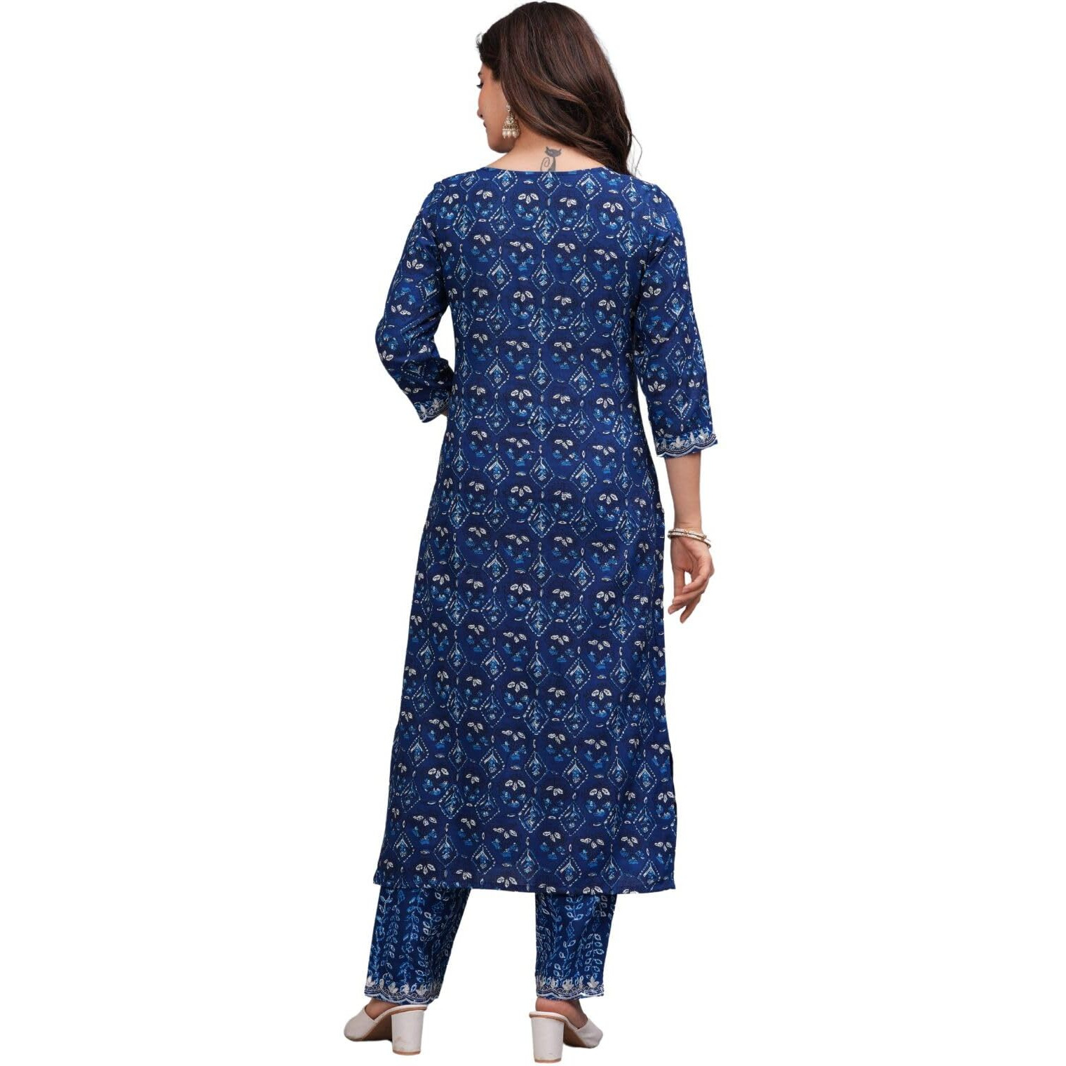 Rytras Women's Embroidered Straight Kurta Set With Palazzo Pants & Dupatta- Ethnic Wear, Blue(Ryt607-New,S)