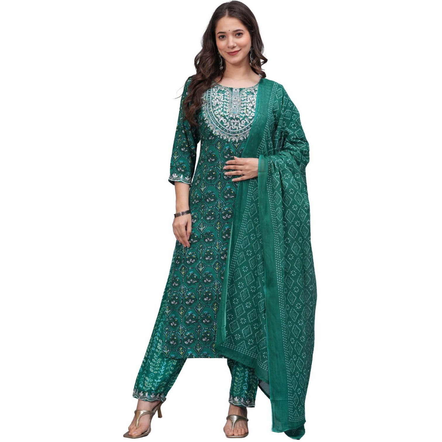 Rytras Women's Embroidered Straight Kurta Set With Palazzo Pants & Dupatta- Ethnic Wear, Green(Ryt607-New,M)