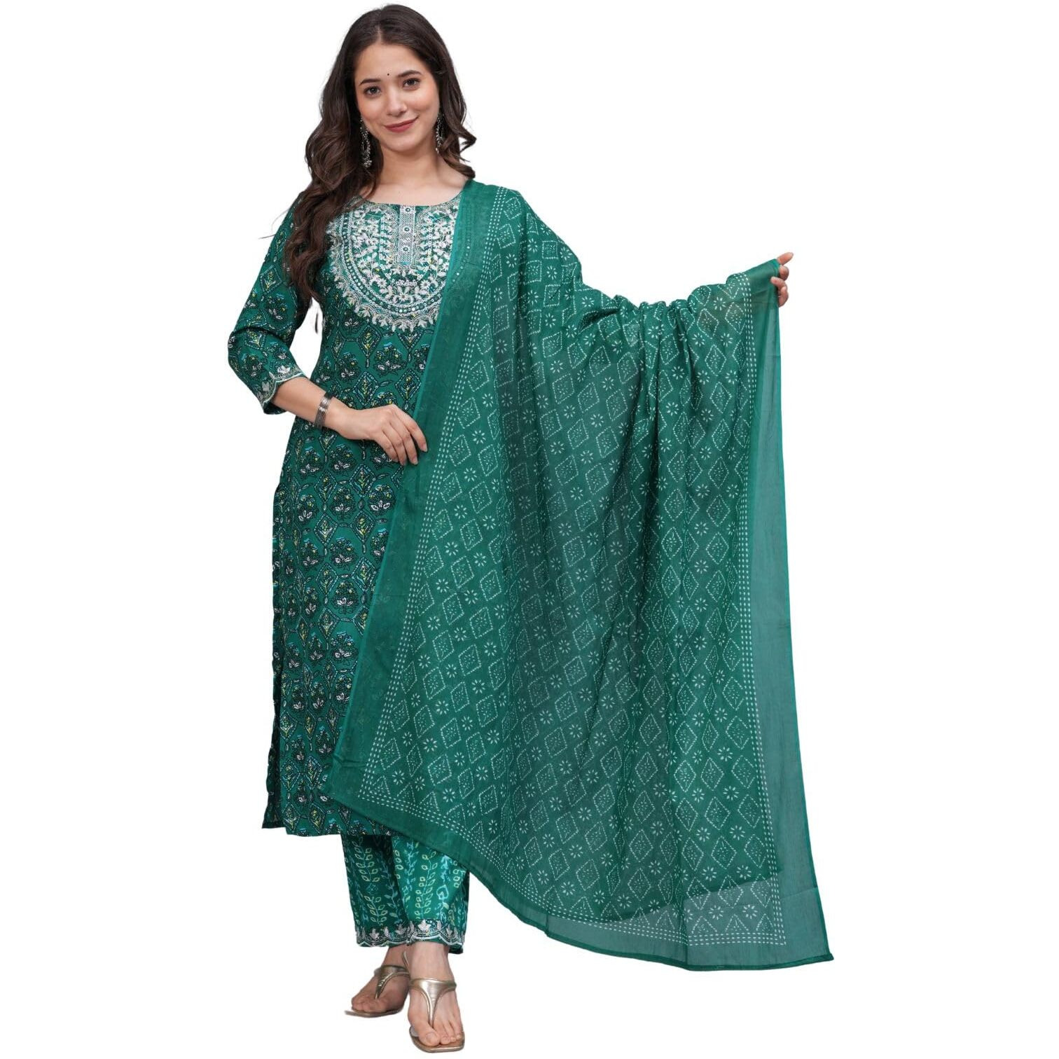 Rytras Women's Embroidered Straight Kurta Set With Palazzo Pants & Dupatta- Ethnic Wear, Green(Ryt607-New,M)