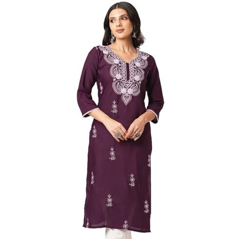 Sanisa Women's Cotton Blend Chikankari Embroidery Straight Kurti (476K10046N-L_Wine)