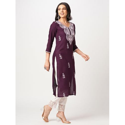 Sanisa Women's Cotton Blend Chikankari Embroidery Straight Kurti (476K10046N-L_Wine)