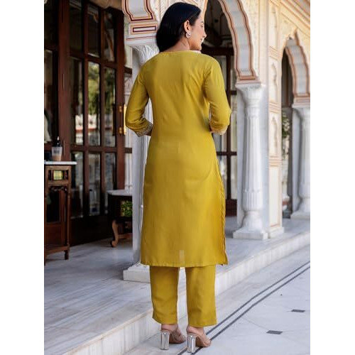 Sanisa Women's Cotton Blend Embroidery And Sequins Work Straight Kurta With Pant And Dupatta Set (229Kbd2423N-M_Mustard Yellow)